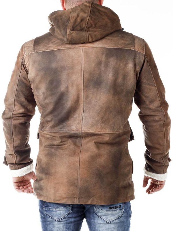 Men’s Distressed Brown Leather Duffle Coat with Shearling Hood