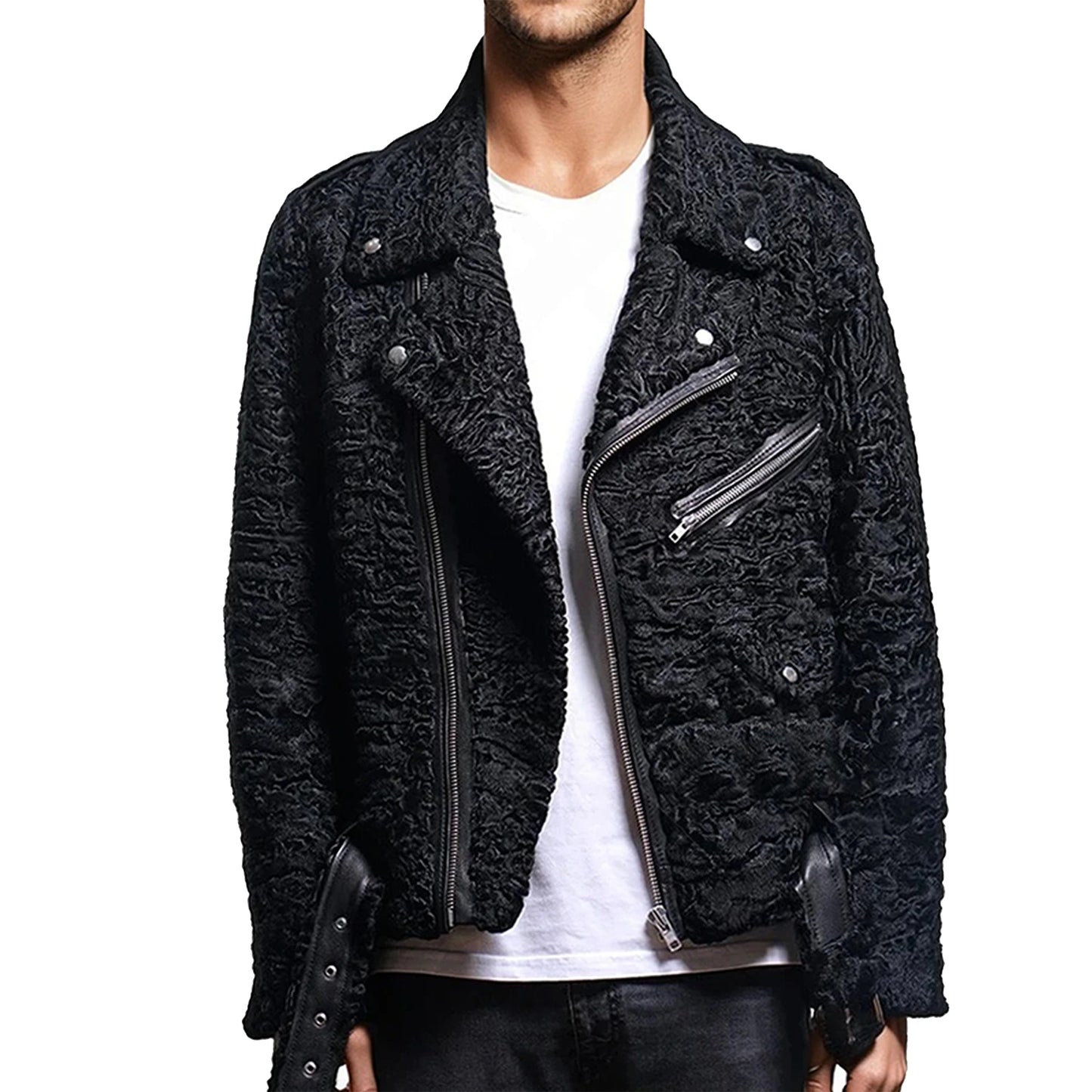 Black textured jacket with zippers on a white background