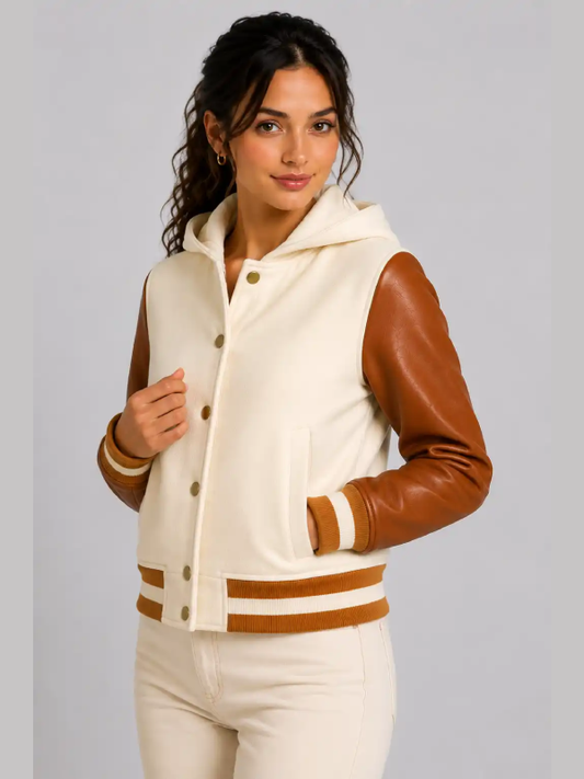 Womens Cream Cognac Hooded Varsity Jacket