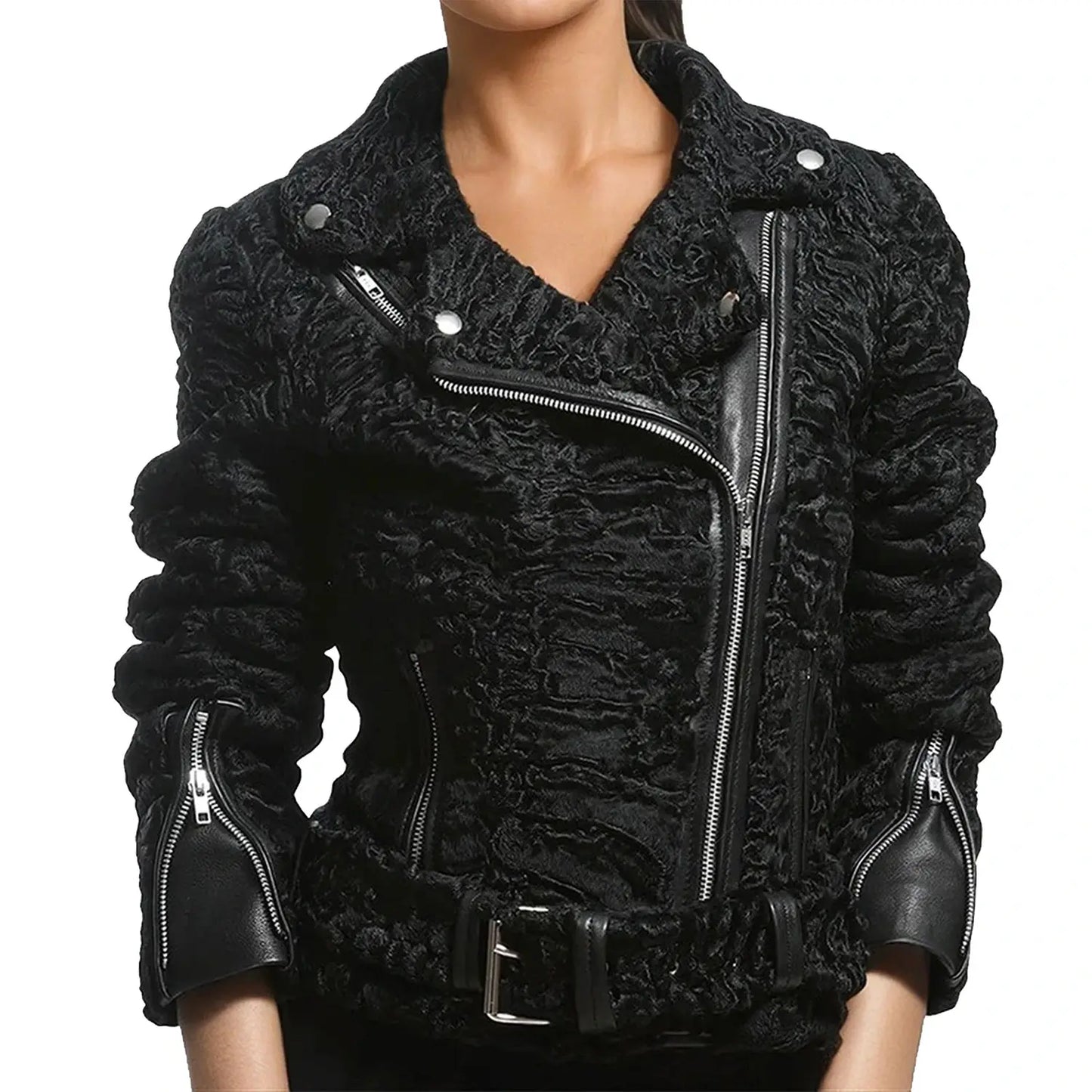 Black textured jacket with zippers on a white background