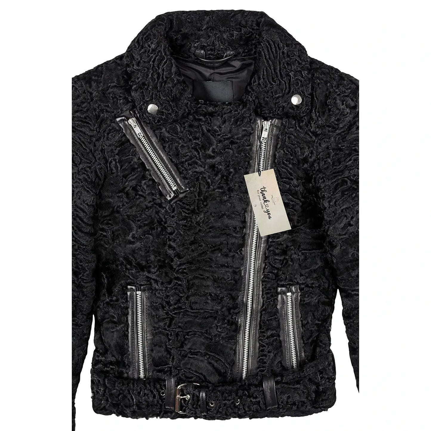 Black textured jacket with zippers and a tag on a white background