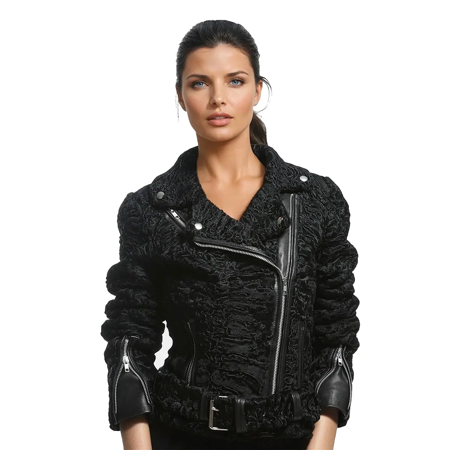 Black textured jacket worn by a model on a white background