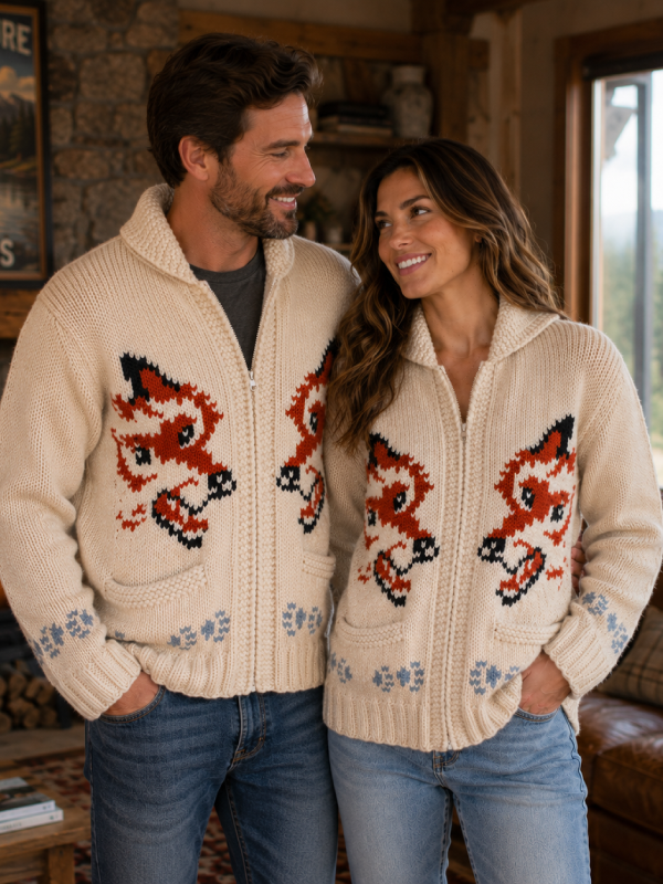 Wool Zip Cardigan Sweater Fox Hand Knit Design