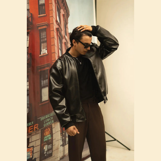 Men’s Black Faux Leather Bomber Jacket | Korean Style Cafe Racer Jacket