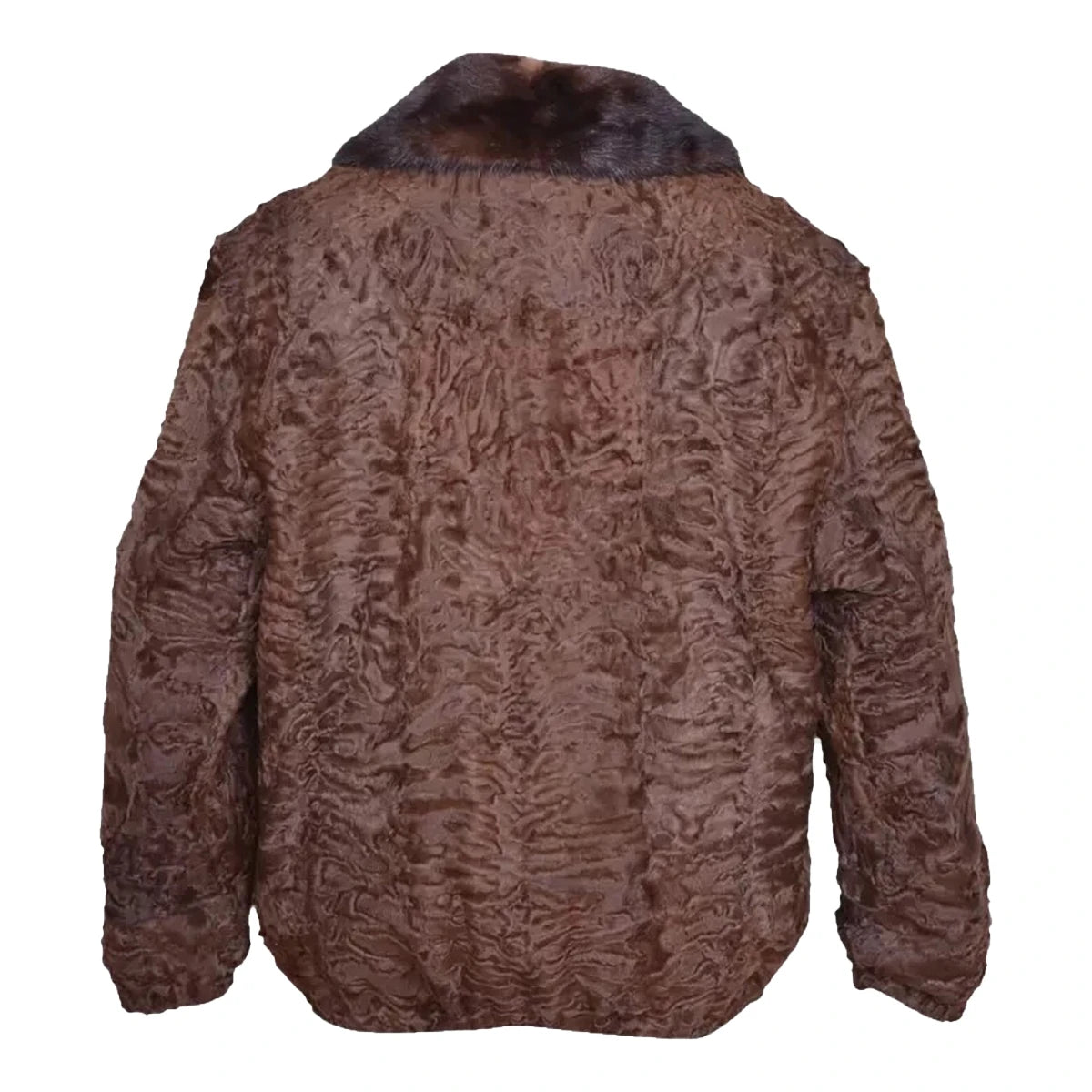 Brown textured jacket with fur collar on a white background