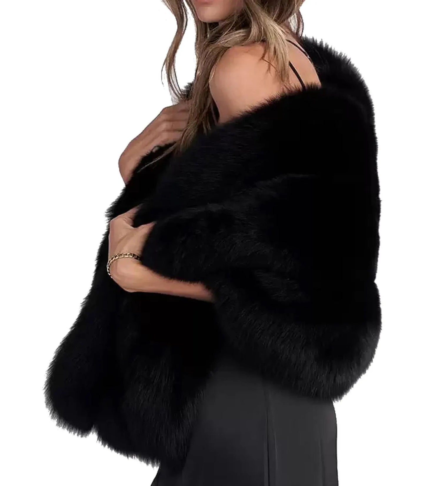 Black fur shrug worn by a model on a white background