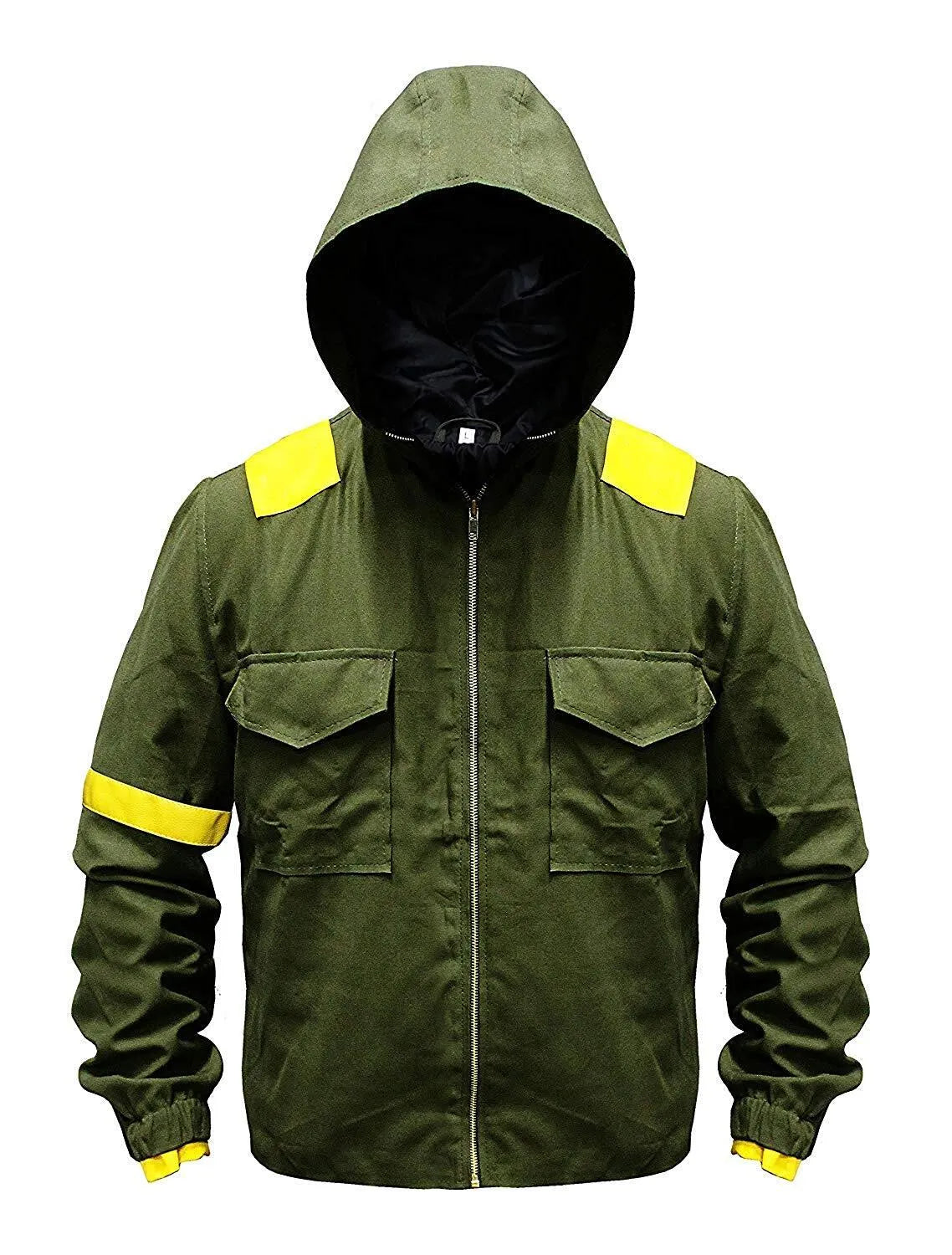 Green jacket with yellow accents on a white background