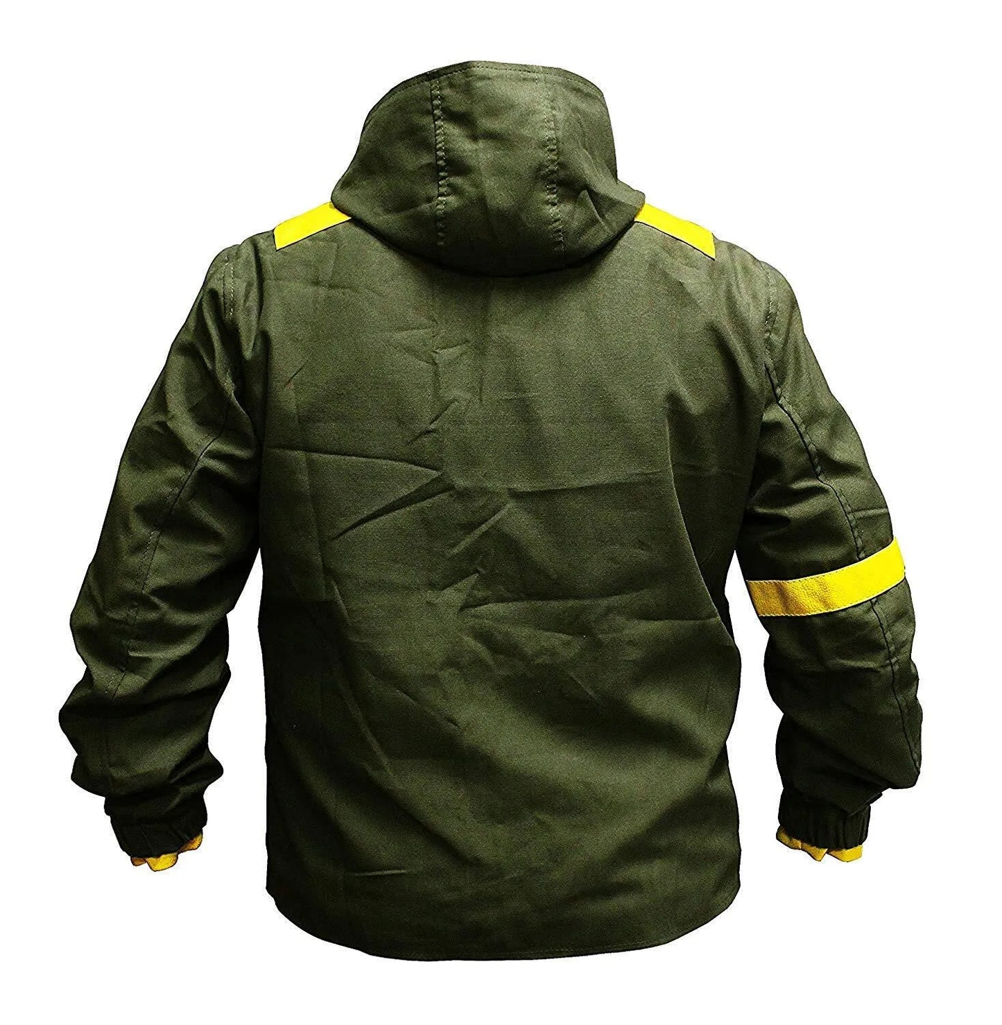 Green jacket with yellow accents on a white background