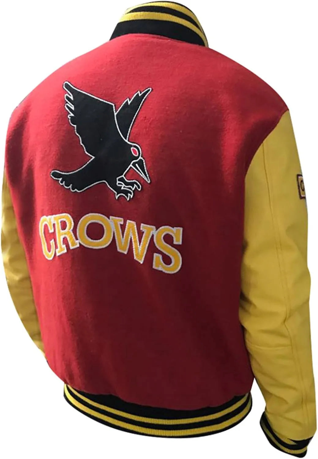 Red and yellow varsity jacket with a bird logo and 'CROWS' text on the back.