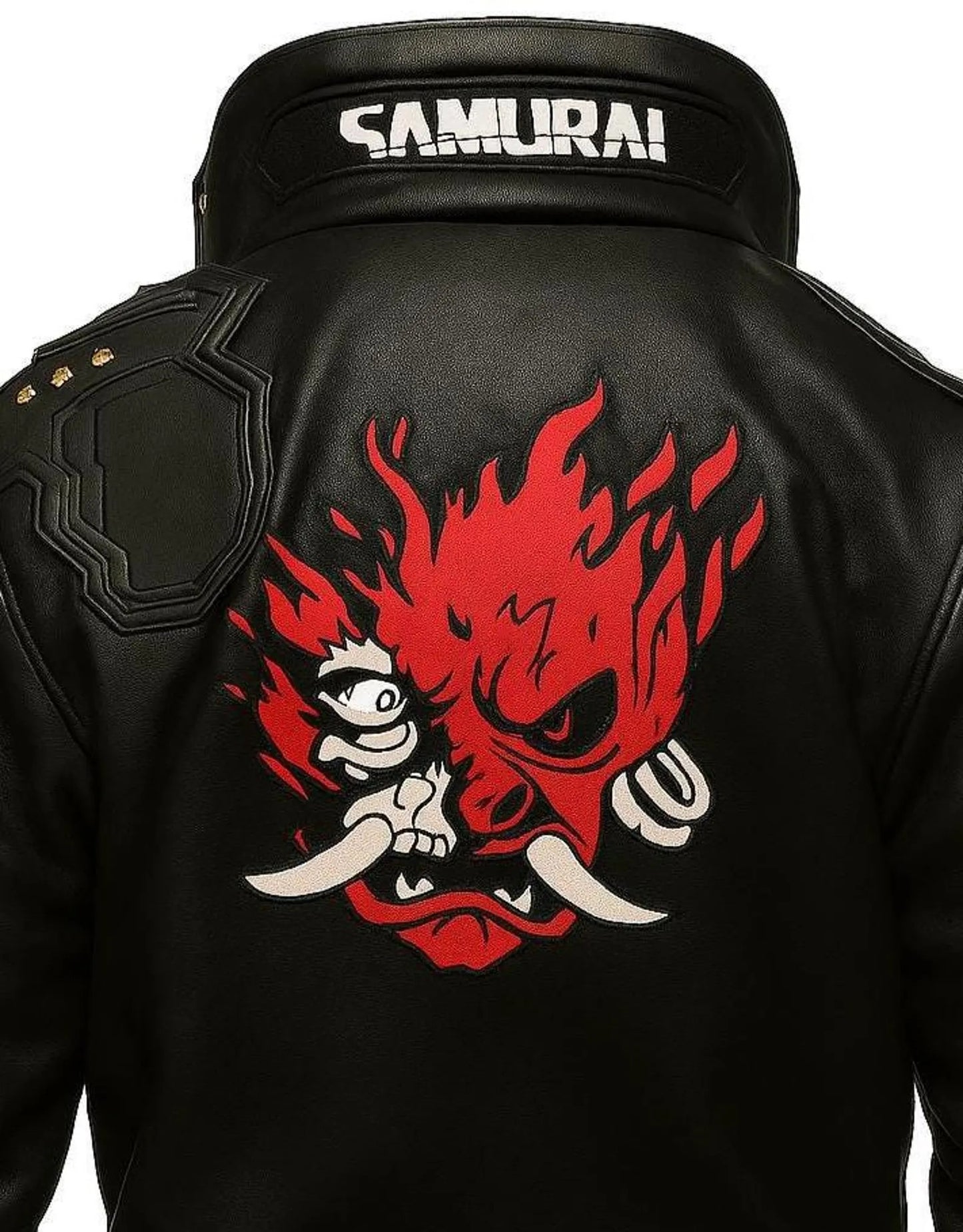 Black leather jacket with red and white graphic design on the back, featuring the word 'Samurai'.