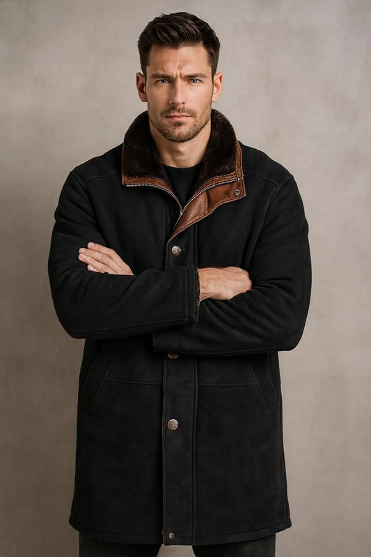 Longmire Sheriff Black Long Suede Trench Coat Men's