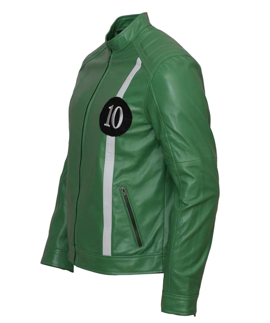 Green leather jacket with a number 10 design on a white background