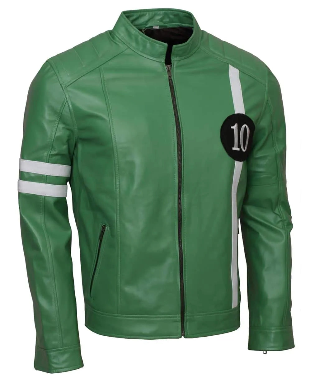 Green leather jacket with white stripes and a black patch on a white background
