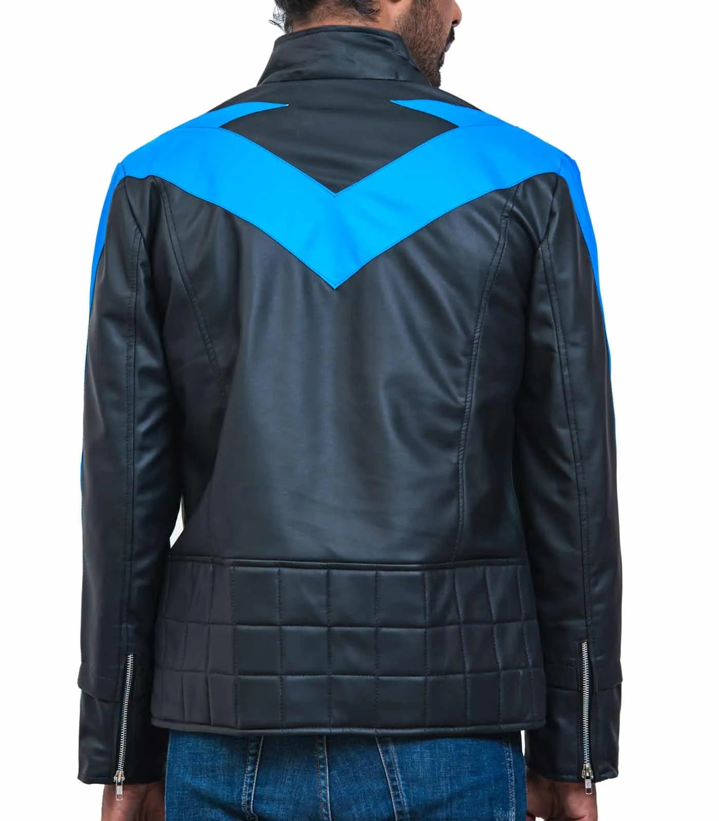 Black leather jacket with blue accents on a white background