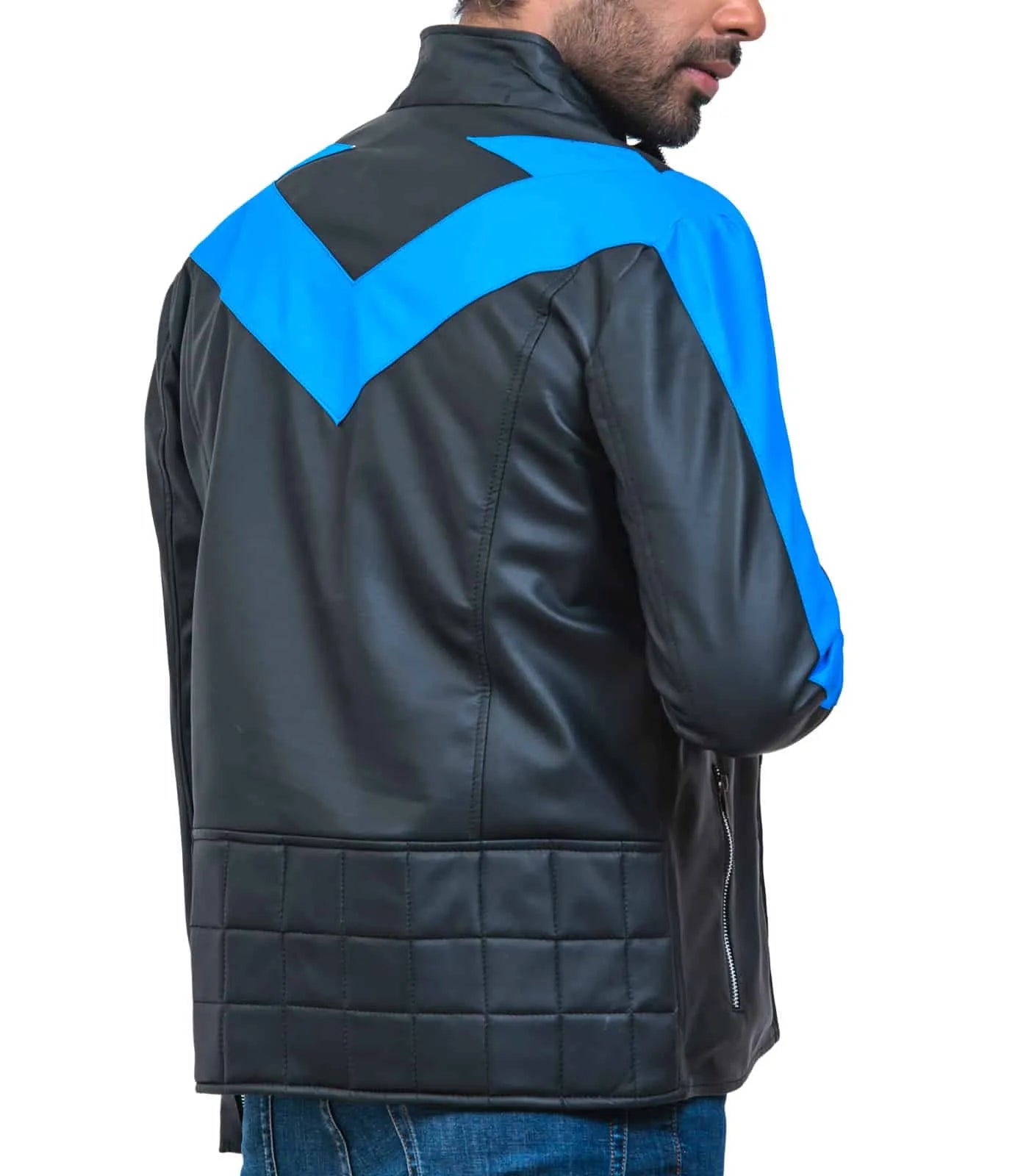 Person wearing a black jacket with blue accents on a white background