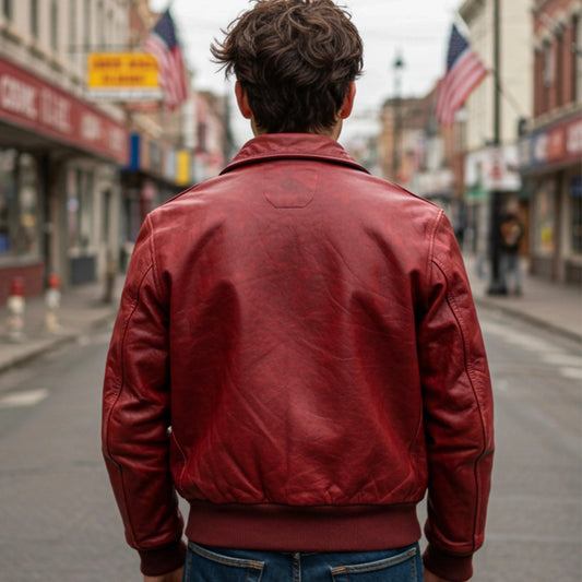 Person wearing a red leather jacket on a city street