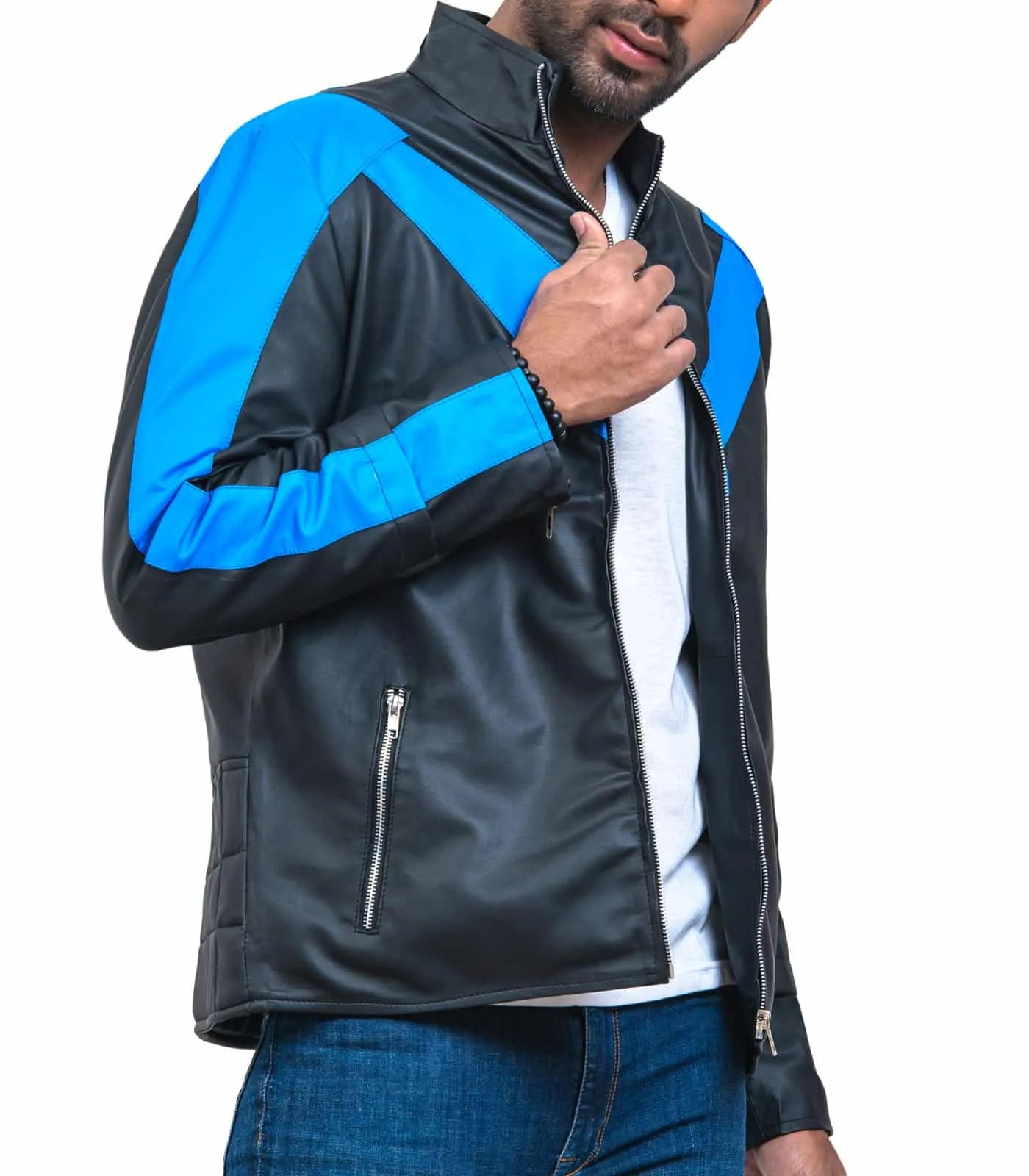 Man wearing a black and blue jacket on a white background