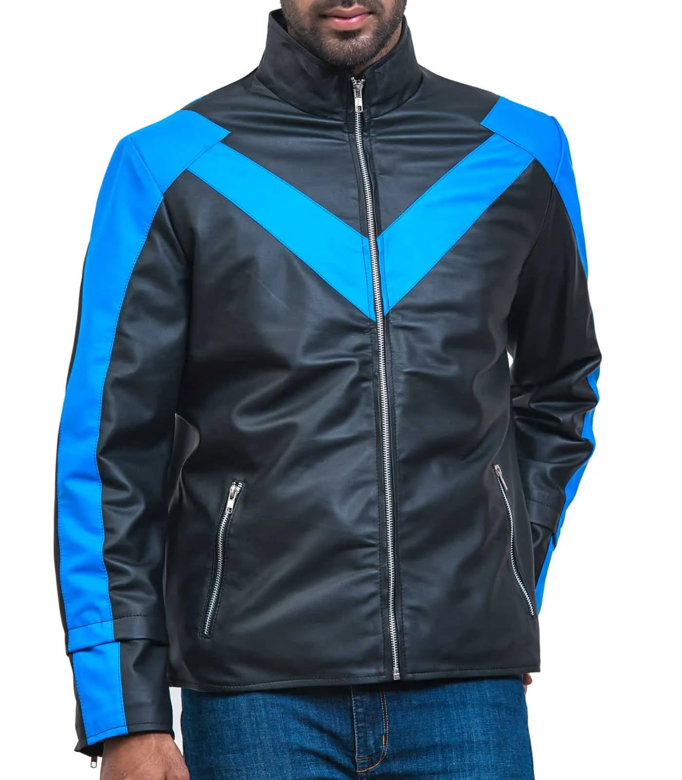 Black jacket with blue accents on a white background