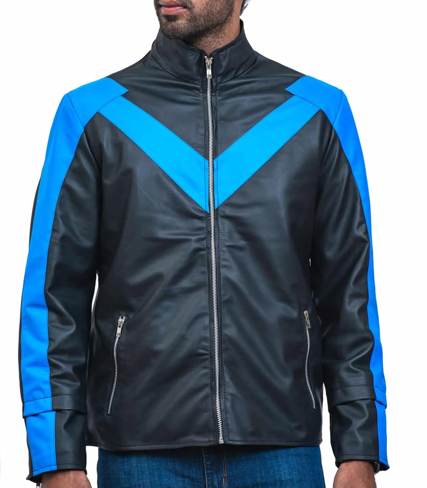 Black jacket with blue accents worn by a person on a white background