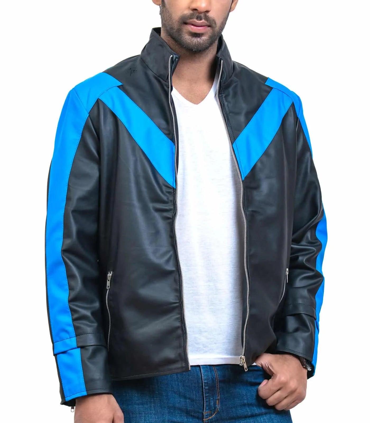 Black leather jacket with blue accents worn by a person on a white background