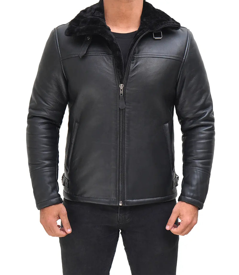Black Real Leather Mens Shearling Bomber Jacket