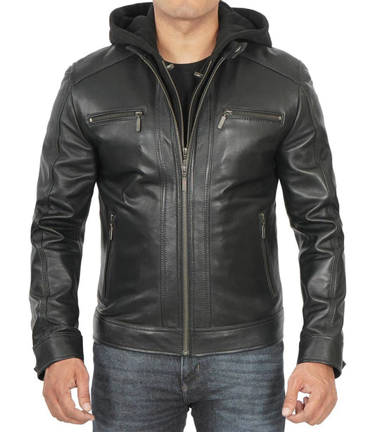 Merrill Men's Black Leather Jacket with Removable Hoodie