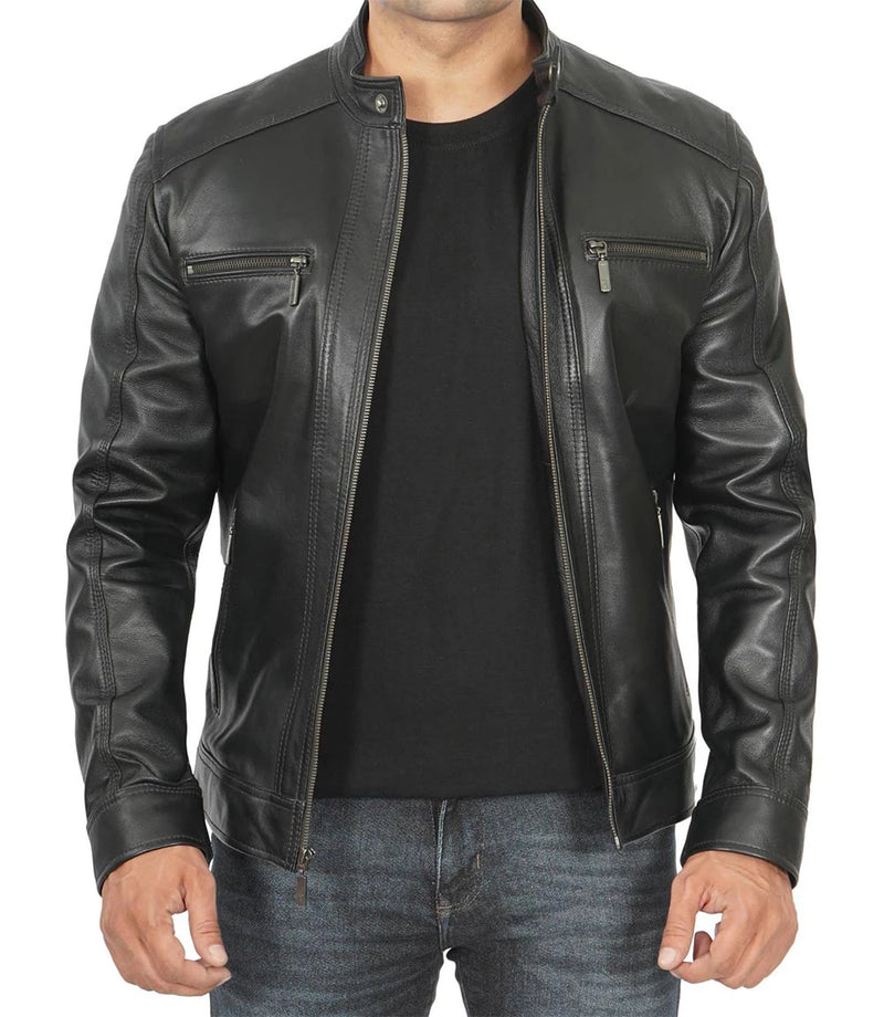 Merrill Men's Black Leather Jacket with Removable Hoodie