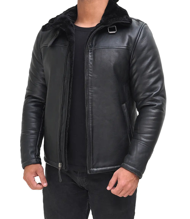 Black Real Leather Mens Shearling Bomber Jacket
