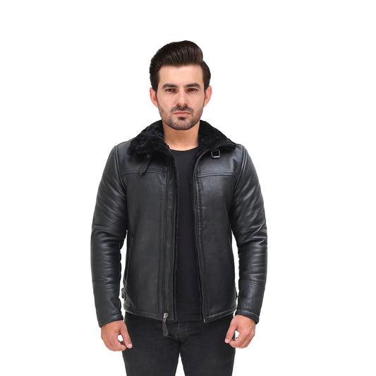 Black Real Leather Mens Shearling Bomber Jacket