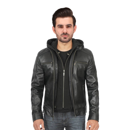 Merrill Men's Black Leather Jacket with Removable Hoodie