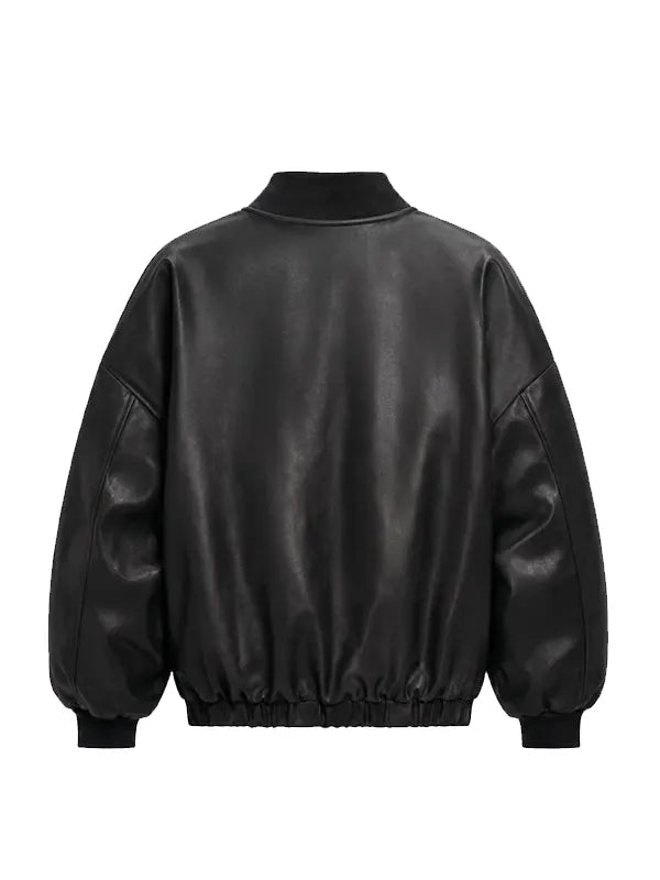 oversized black vegan leather bomber jacket
