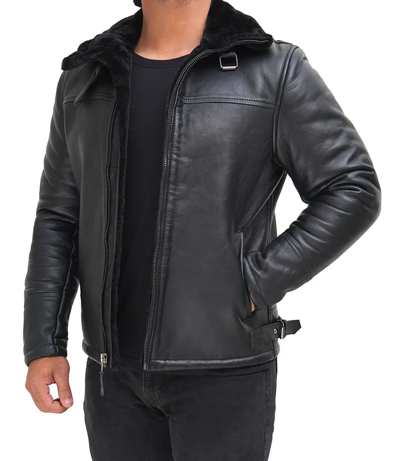 Black Real Leather Mens Shearling Bomber Jacket