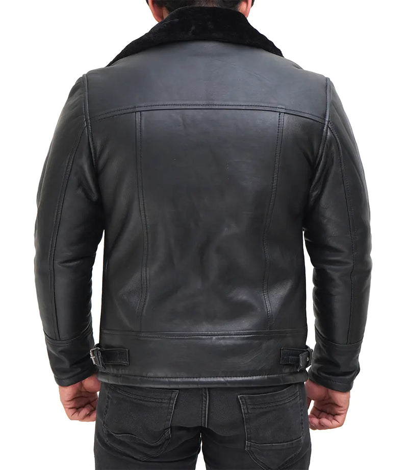 Black Real Leather Mens Shearling Bomber Jacket