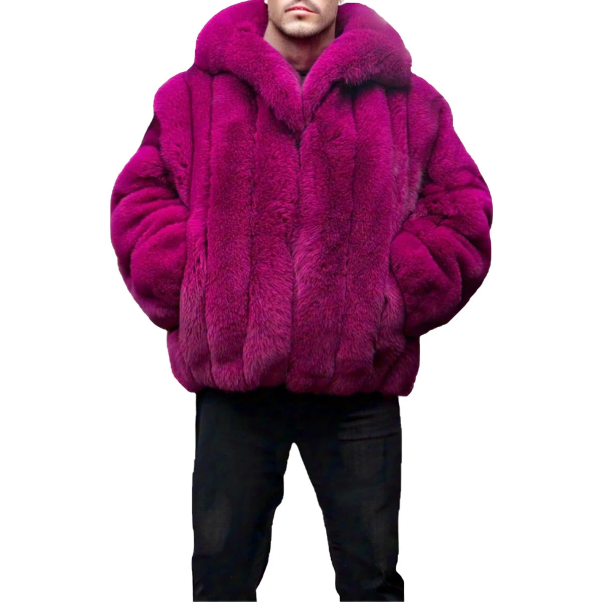 Person wearing a bright pink fur coat on a white background