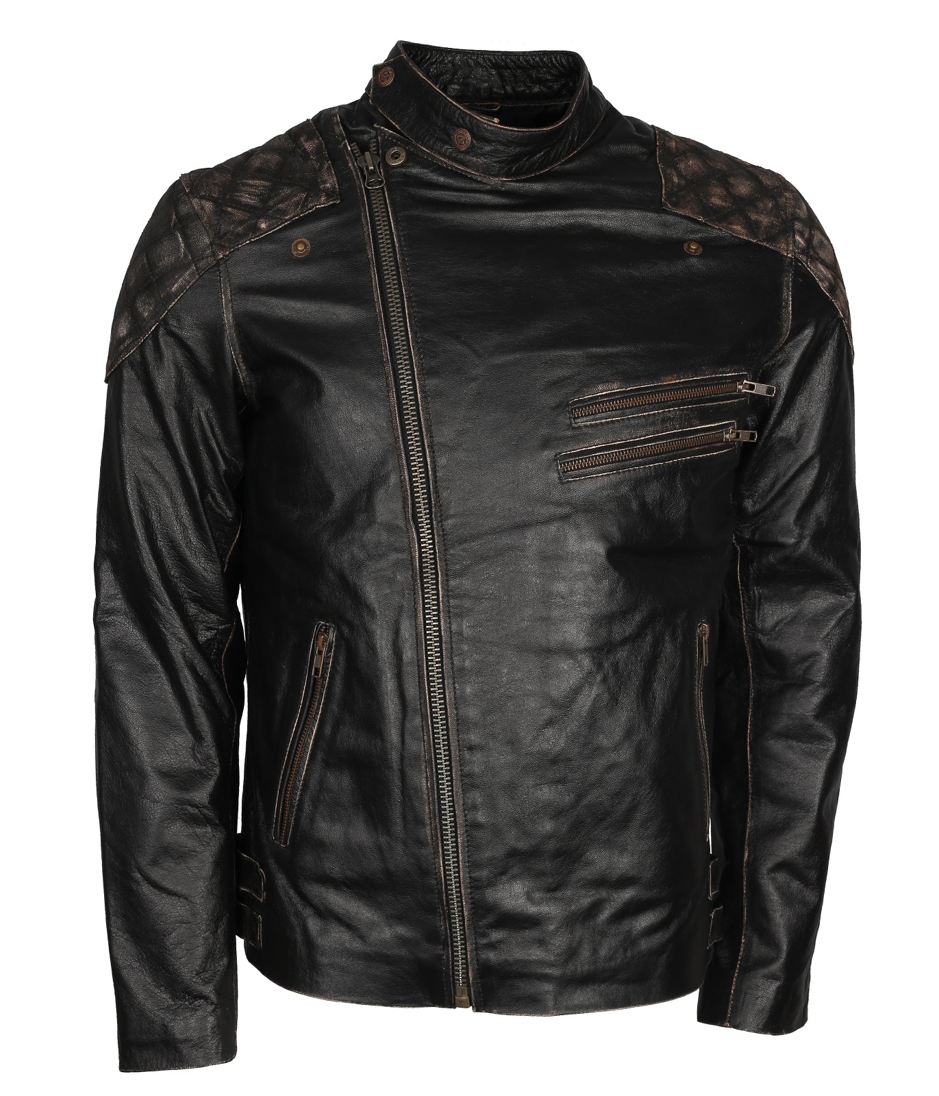 Mens Skull Embossed Black Distressed Cowhide Leather Motorcyle Jacket