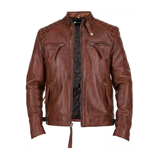 Classic Diamond Men's Café Racer Vintage Distressed Dark Brown Moto Leather Jacket