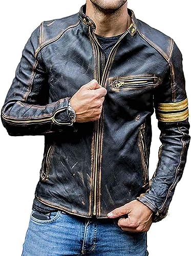 Jorde Calf Men's Retro Vintage Cafe Racer Leather Jacket | Golden Stripes Motorcycle Distressed Leather Jacket For Men.
