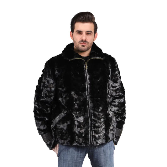 Man wearing a black fur jacket on a white background