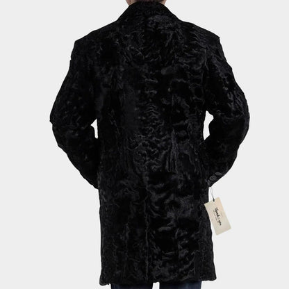 Black textured coat with a tag on a white background