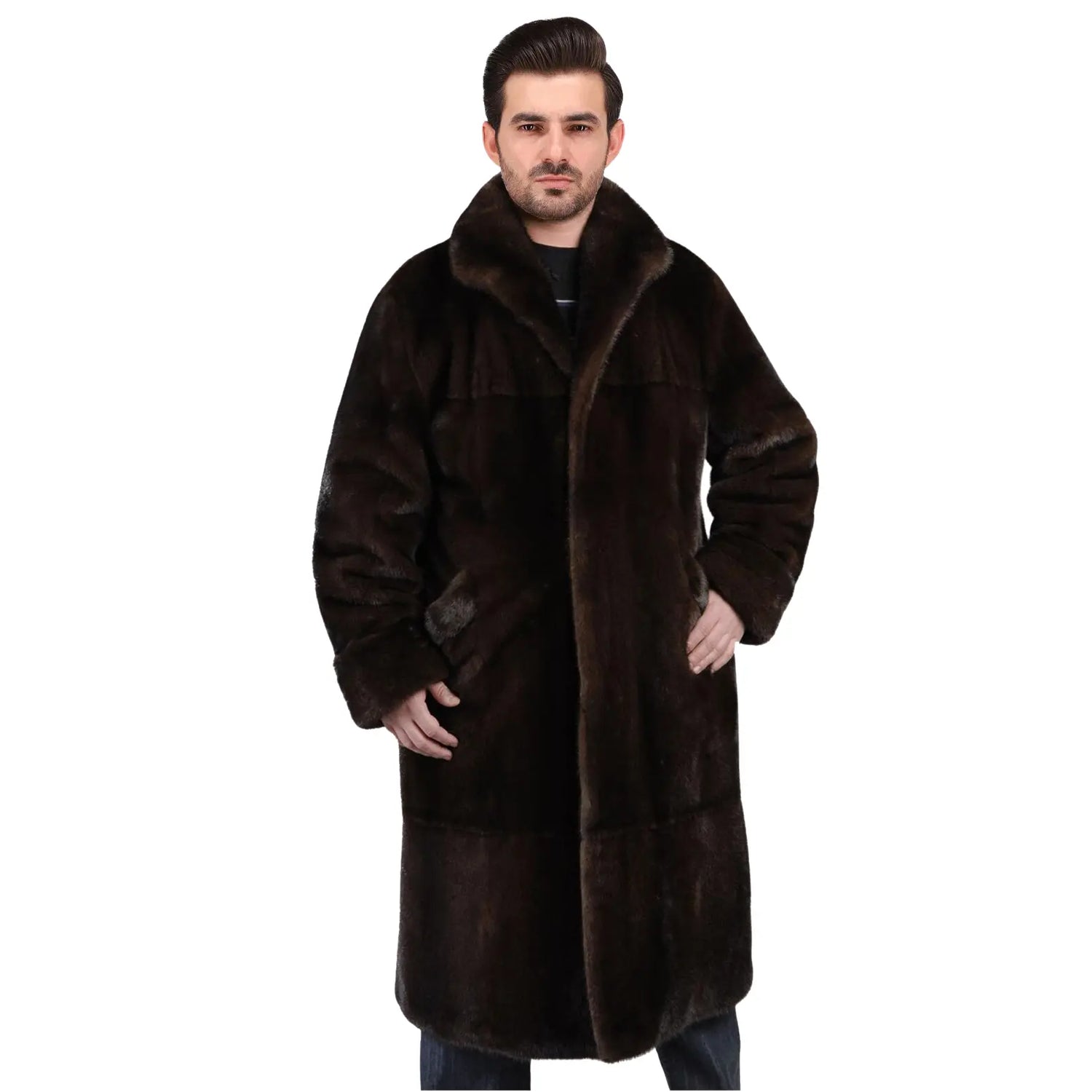 Man wearing a long brown fur coat on a white background