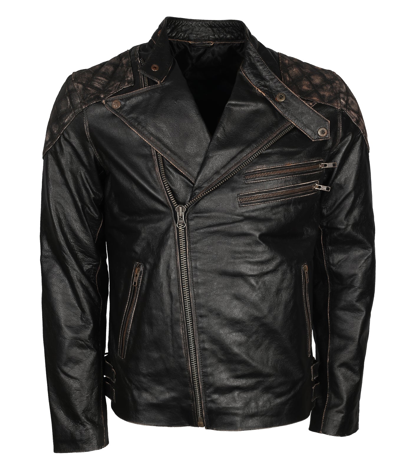 Mens Skull Embossed Black Distressed Cowhide Leather Motorcyle Jacket