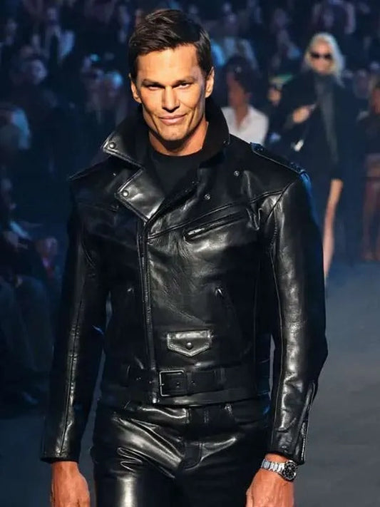2027 NYFW Tom Brady Black Leather Jacket