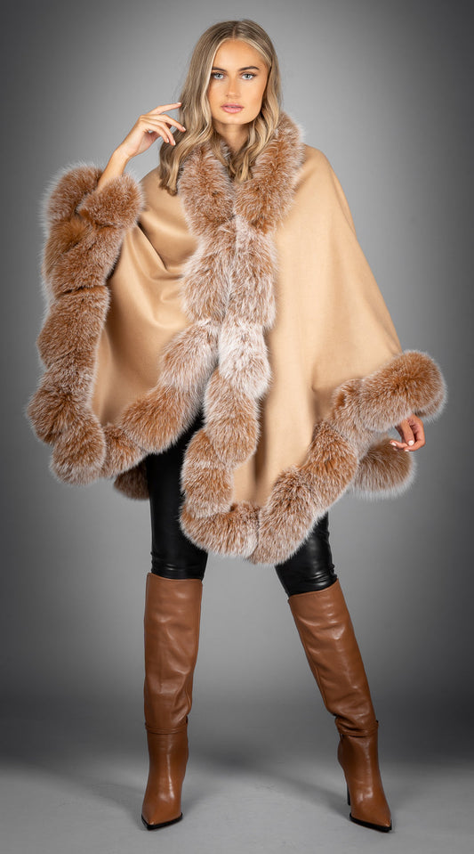 Limited Edition Cashmere & Fox Fur Spiral Cape - Camel