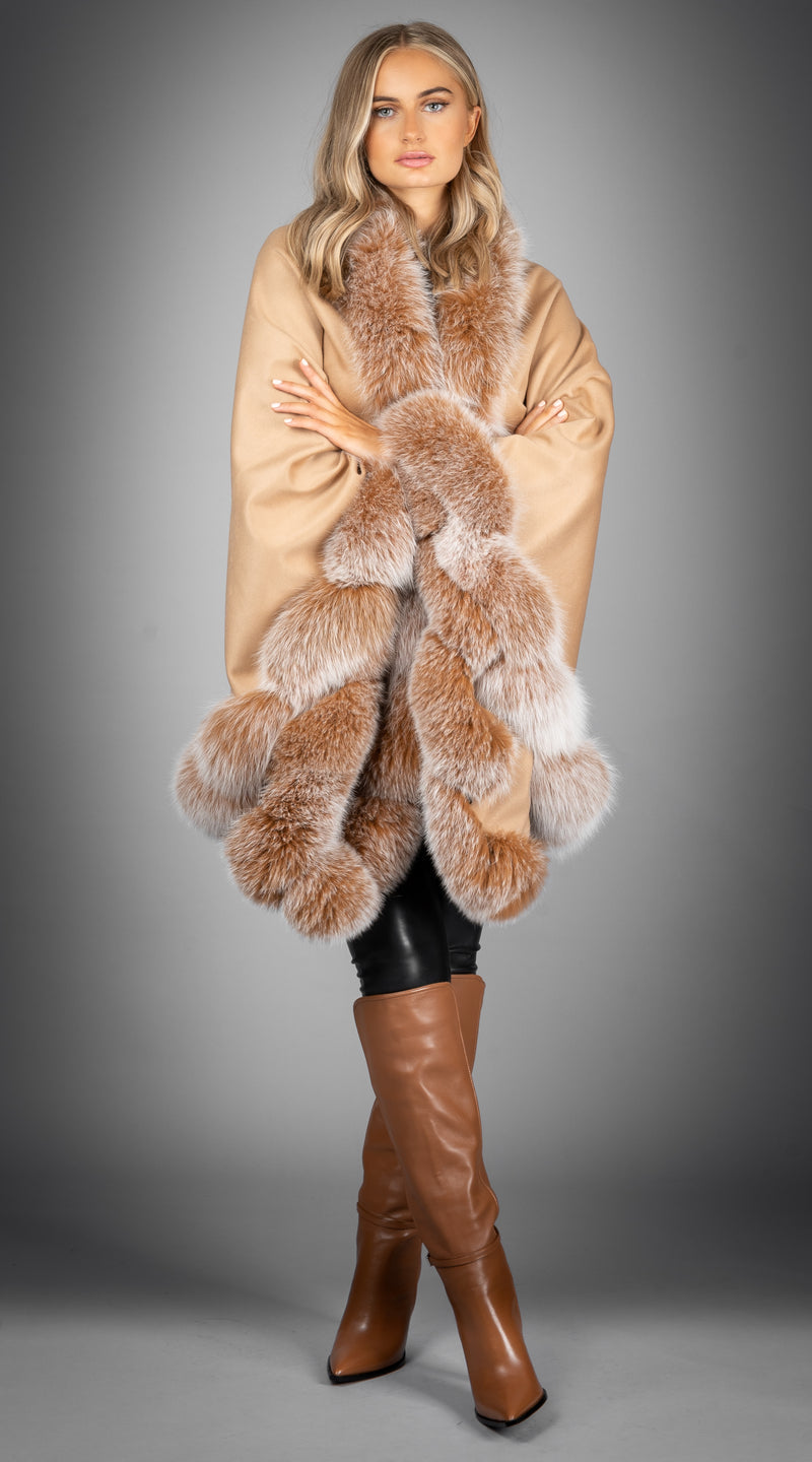 Limited Edition Cashmere & Fox Fur Spiral Cape - Camel