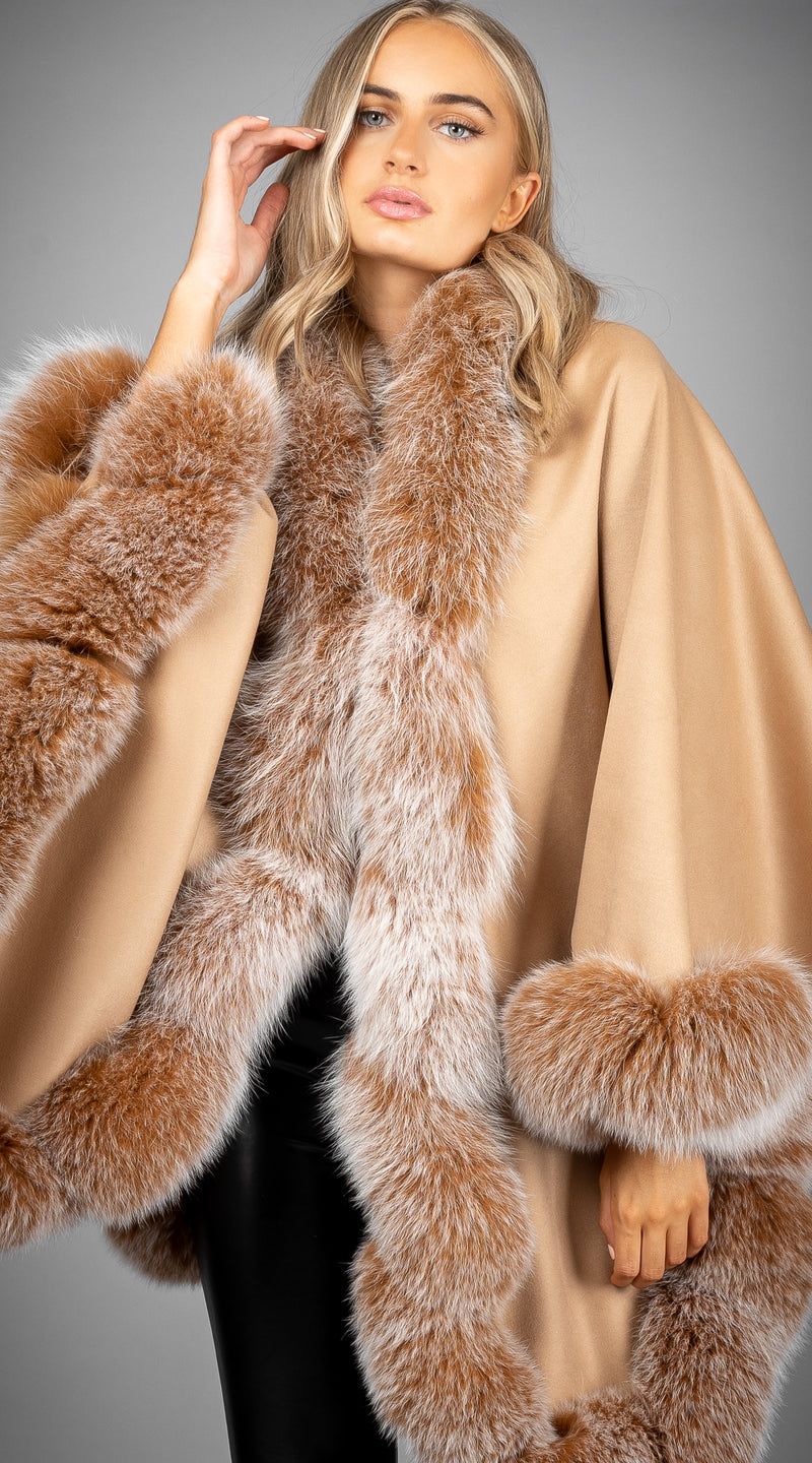 Limited Edition Cashmere & Fox Fur Spiral Cape - Camel