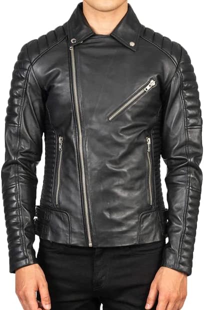 Mens Distressed Black Quilted Asymmetrical Leather Biker Jacket