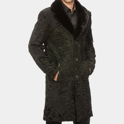 Dark textured coat with fur collar on a white background