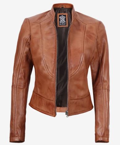 Women's Slim Fit Tan Waxed Biker Leather Jacket