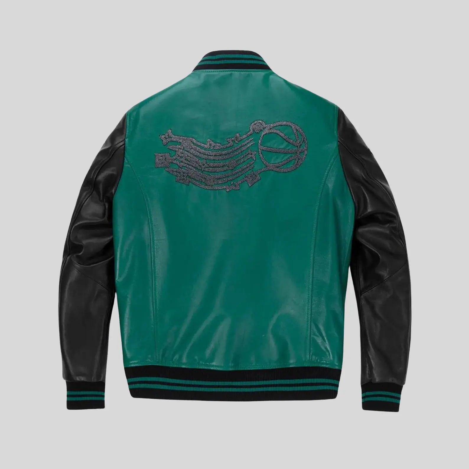Green and black varsity jacket with a logo on the back against a gray background
