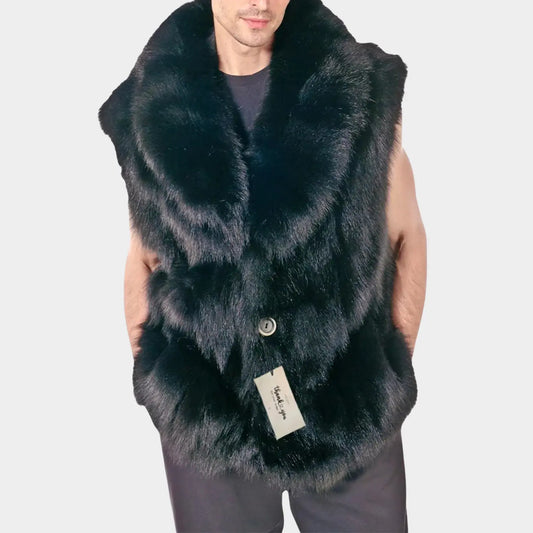 Black fur vest worn by a person on a white background